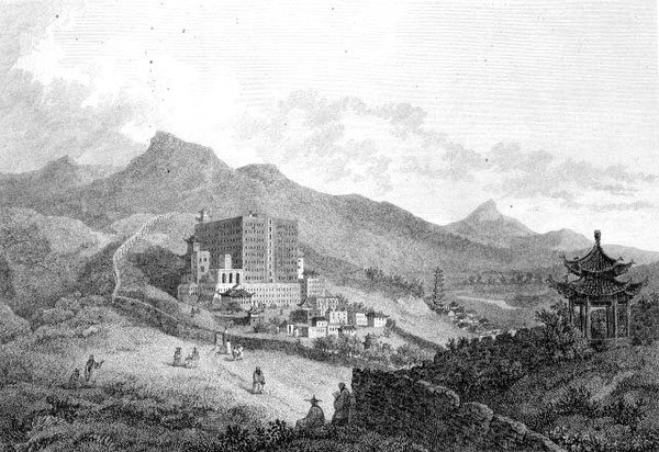 منظر لـ Poo-ta-la أو المعبد العظيم بالقرب من Zhe-hol في Tartary ، محفور بواسطة حانة Benjamin Thomas Pouncy (fl.1772-99). بواسطة G. Nicol بواسطة وليام (بعد) الكسندر