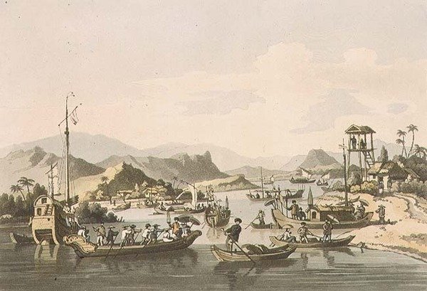 سفينة كوشين الصينية على نهر تايفو ، اللوحة 15 من "رحلة إلى كوتشينشينا" بقلم جون بارو (1764-1848) نقشها توماس ميدلاند (1755-1823) 1806 (أكواتينت) بواسطة وليام (بعد) الكسندر