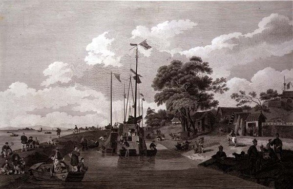 منظر لبحيرة باو-ينغ حيث تم فصلها عن القناة الكبرى بسد من الأرض ، نقشها ويليام (1747-1810) وإليزابيث إليس ، حانة. بواسطة G. Nicol بواسطة وليام (بعد) الكسندر