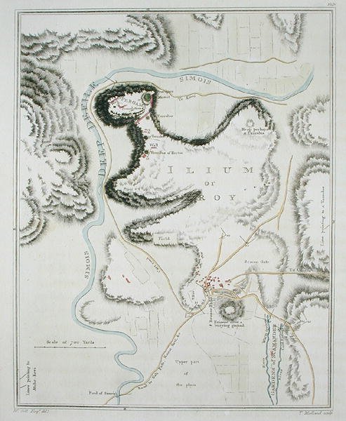 مخطط مدينة طروادة ، من "طبوغرافيا طروادة وقربها" ، نقشها توماس ميدلاند (1755-1823) ونشر عام 1804 (نقش ملون) بواسطة وليام (بعد) جيل