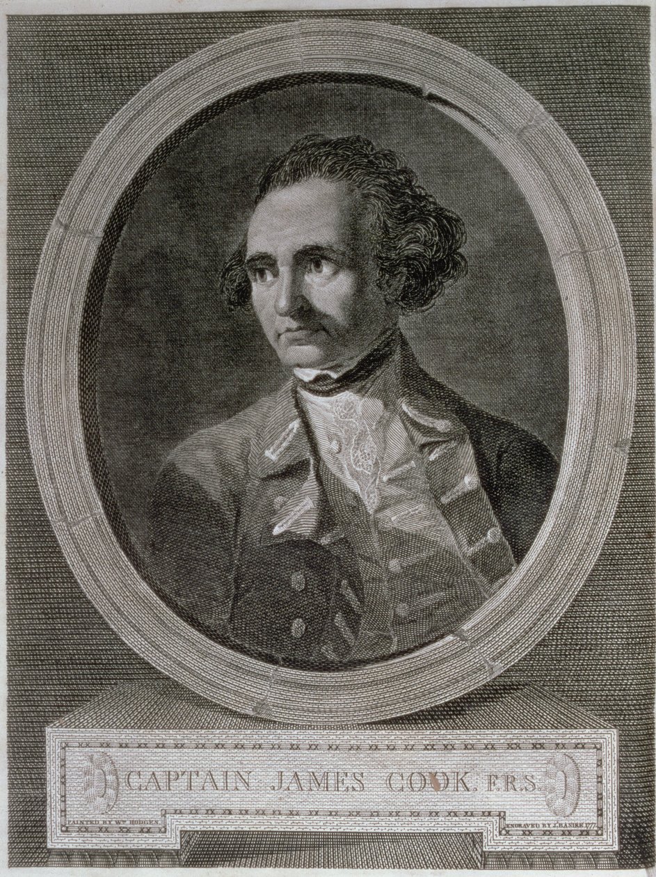 صورة للقبطان جيمس كوك (1728-1779) ، من مقدمة كتاب "رحلة حول العالم إلى القطب الجنوبي" (نقش) بواسطة وليام (بعد) هودجز