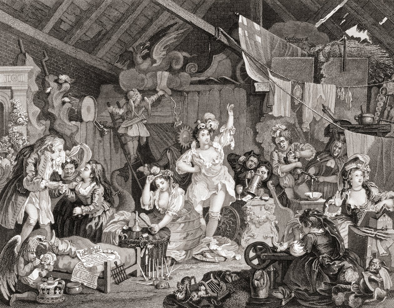 تمرين اللاعبين المتجولين في حظيرة ، نقشها جي بريسبري ، من The Works of Hogarth المنشور في لندن عام 1833 (نقش أبيض وأسود) بواسطة وليام (بعد) هوغارث
