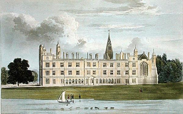 Burghley House ، من "مستودع الفنون" لأكرمان ، نُشر عام 1826 (لون ليثو) بواسطة وليام (بعد) ويستال