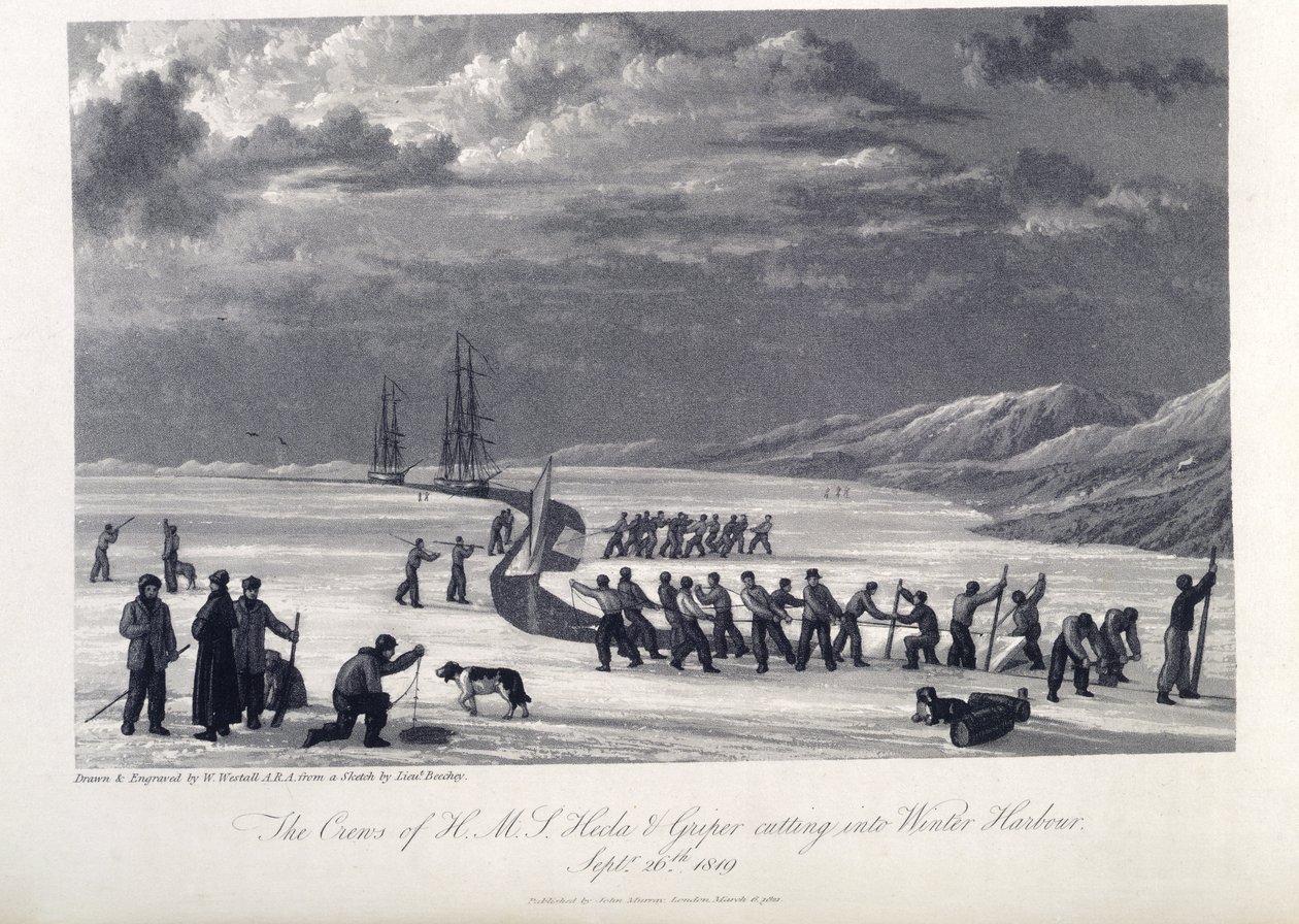 طاقم السفينة H.M.S. Hecla و Griper يقتطعان الميناء الشتوي ، 26 سبتمبر 1819 ، رسم توضيحي من "Journal of a Voyage for the Discovery of a North-West Passage from the Atlantic to the Pacific ..." بواسطة وليام (بعد) ويستال