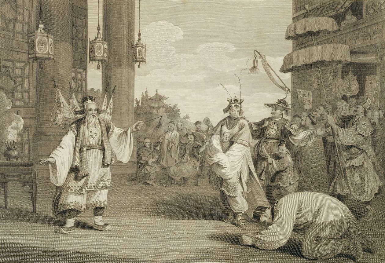 مشهد في مسرحية تاريخية معروض على المسرح الصيني ، نقش بواسطة حانة جيمس هيث (1757-1834). بقلم جي نيكول ، 1796 بواسطة وليام الكسندر