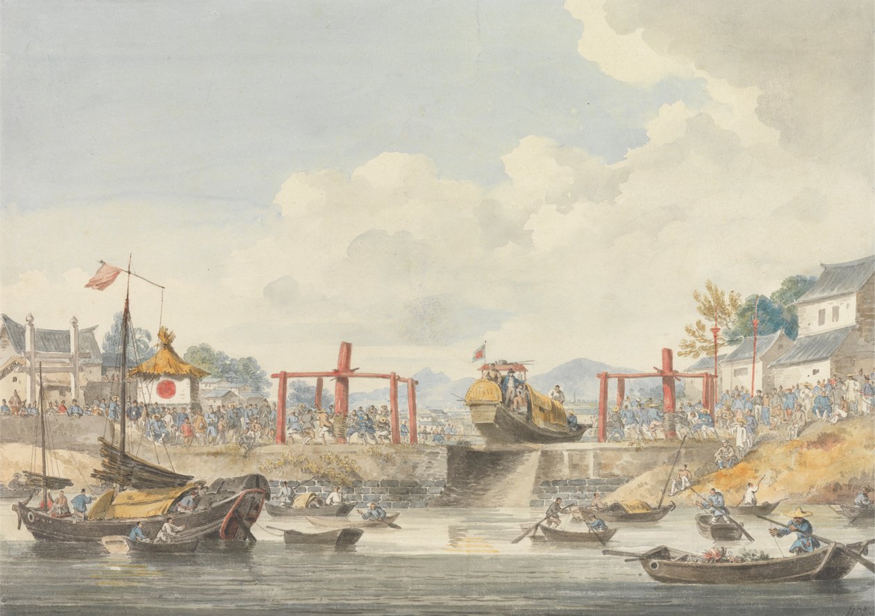 تم رفع صنادل السفارة من قناة إلى أخرى في طريقهم من هان تشيو فو إلى تشو سان ، 16 نوفمبر 1793 بواسطة وليام الكسندر