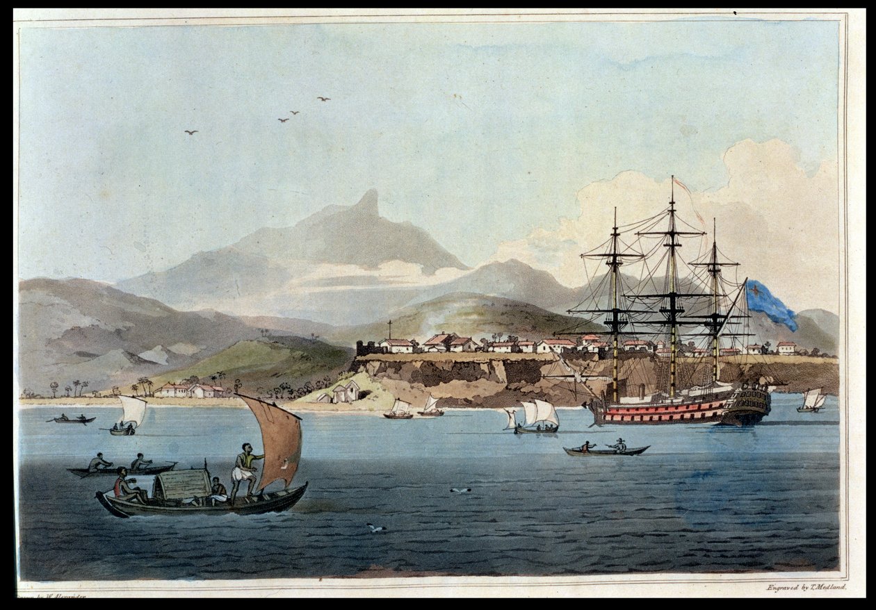 بورتو برايا في جزيرة سانت جاغو ، اللوحة 4 من "رحلة إلى كوتشينشينا" لجون بارو (1764-1848) منقوشة بواسطة توماس ميدلاند (1755-1823) 1806 (أكواتينت) بواسطة وليام الكسندر
