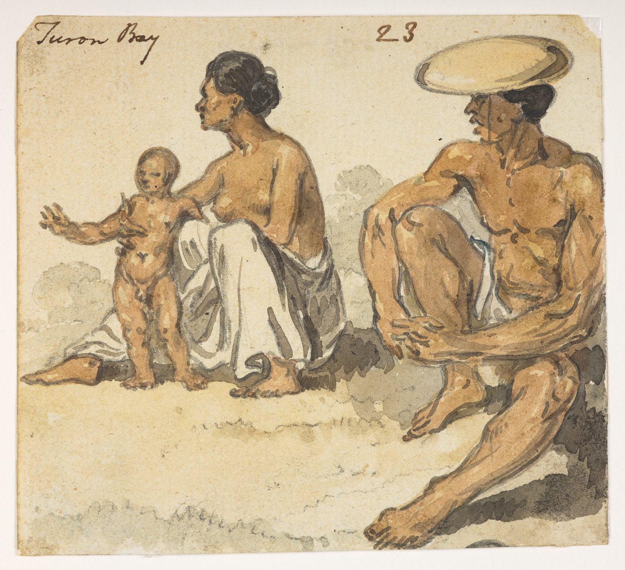 f.4 23 رجل وامرأة وطفل من "تورون باي".  من ألبوم يحتوي على 372 رسمًا للمناظر الطبيعية والسواحل والأزياء والحياة اليومية التي تم صنعها خلال سفارة اللورد ماكارتني إلى إمبراطور الصين ، بين عامي 1792 و 1794 (قلم رصاص وألوان مائية على ورق) بواسطة وليام الكسندر