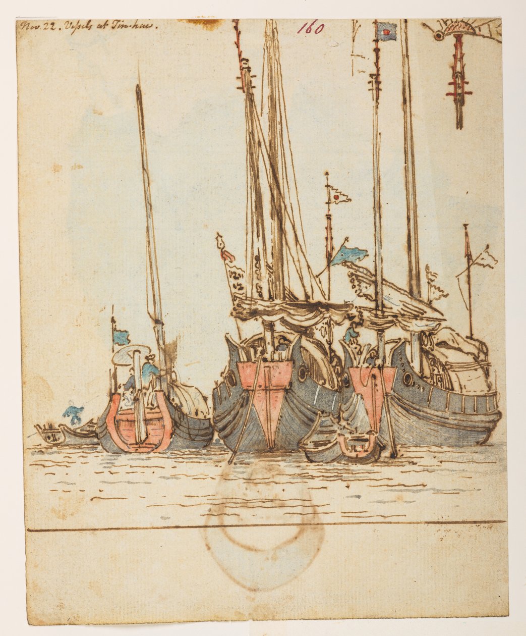 f.62 160 "22 نوفمبر. السفن في تين هاو."  ، من ألبوم يضم 372 رسمًا للمناظر الطبيعية والسواحل والأزياء والحياة اليومية التي تم صنعها خلال سفارة اللورد ماكارتني إلى إمبراطور الصين ، بين عامي 1792 و 1794 (قلم رصاص وألوان مائية على ورق) بواسطة وليام الكسندر