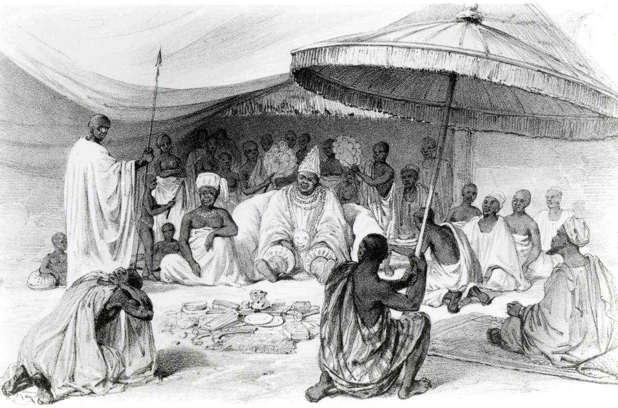 عطا ، من "مناظر خلابة على نهر النيجر ، تم رسمها أثناء زيارة لاندر الأخيرة في ١٨٣٢-١٨٣٣" ، مطبوعة حجرية بواسطة تشارلز هاغي ، ١٨٤٠ بواسطة وليام ألين
