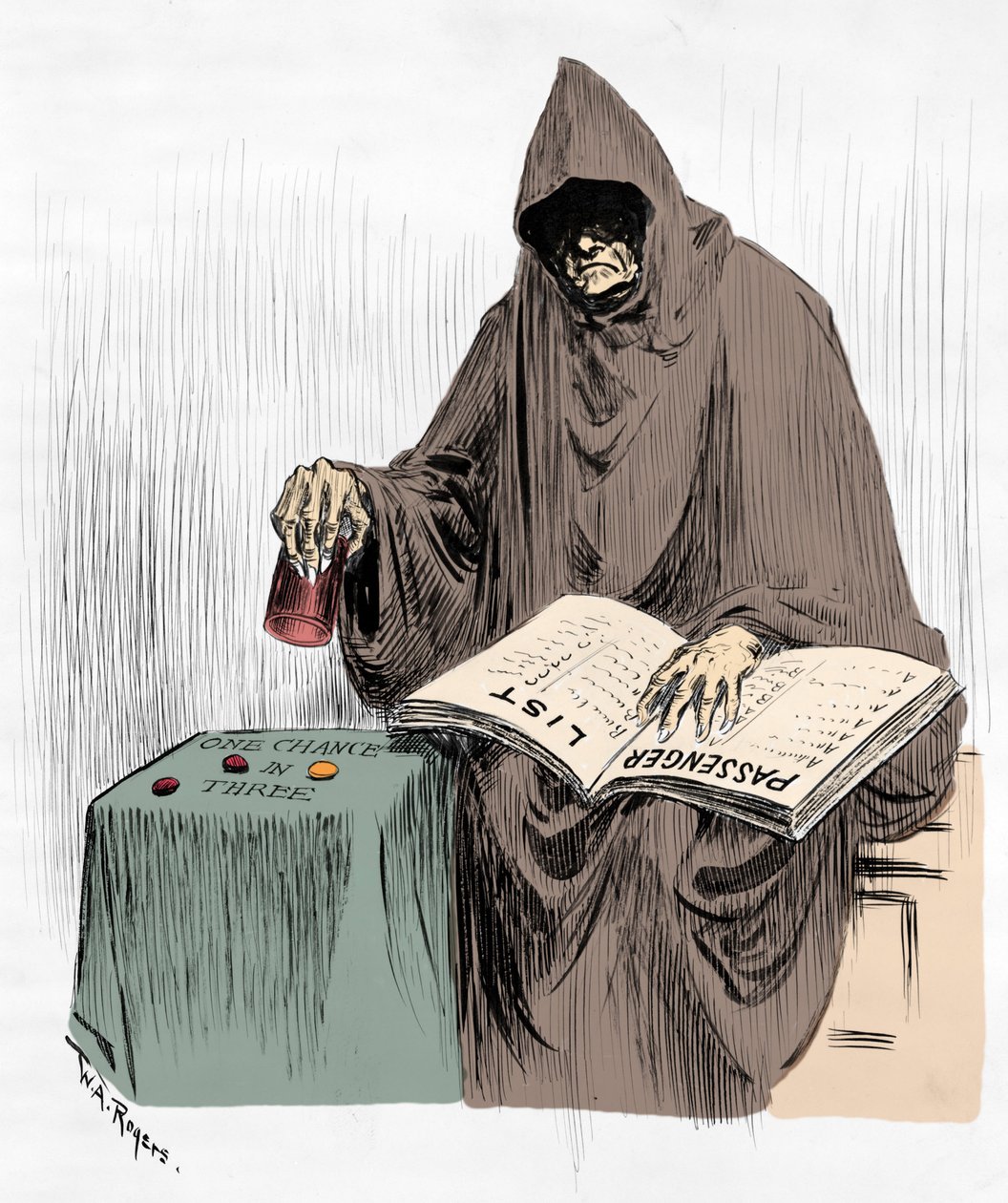 أي واحدة؟ مصير أم نقص قوارب النجاة؟ إشارة إلى غرق التايتانيك وأسباب الكارثة. رسم لوليام ألين روجرز (1854-1931) نُشر في "نيويورك هيرالد" 17/04/1912 بواسطة وليام ألين روجرز