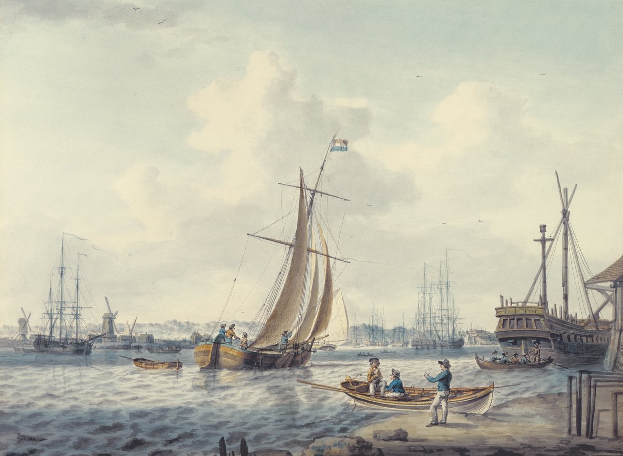 منظر لغرينويتش وديبتفورد يظهر الكلية البحرية الملكية وحوض السفن الملكي ، 1789 (مرحاض) بواسطة وليام أندرسون
