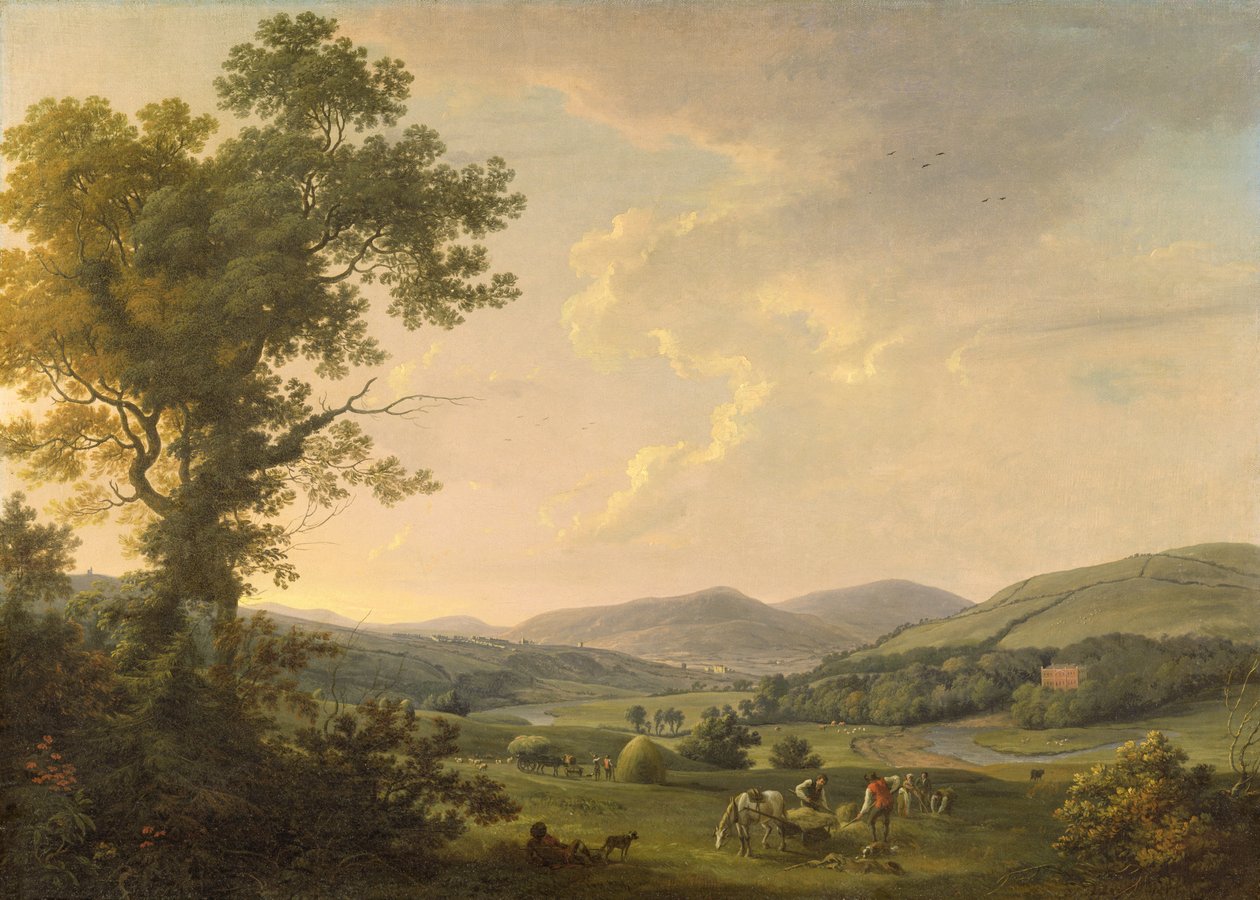منظر طبيعي مع صانعي القش ومنظر بعيد لمنزل جورجي ، حوالي عام 1780 (زيت على قماش) بواسطة وليام أشفورد