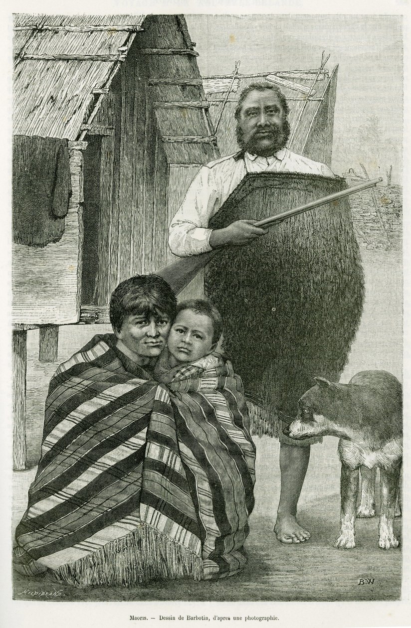 ثلاثة أجيال من الماوري. نقش لباربوتين ، لتوضيح قصة رحلة لا نوفيل زيلاند ، في عام 1889 ، بقلم جي فيرشور ، في لو تور دو موند 1890 ، من إخراج إدوارد شارتون (1807-1890) ، هاشيت ، باريس. بواسطة وليام باربوتين