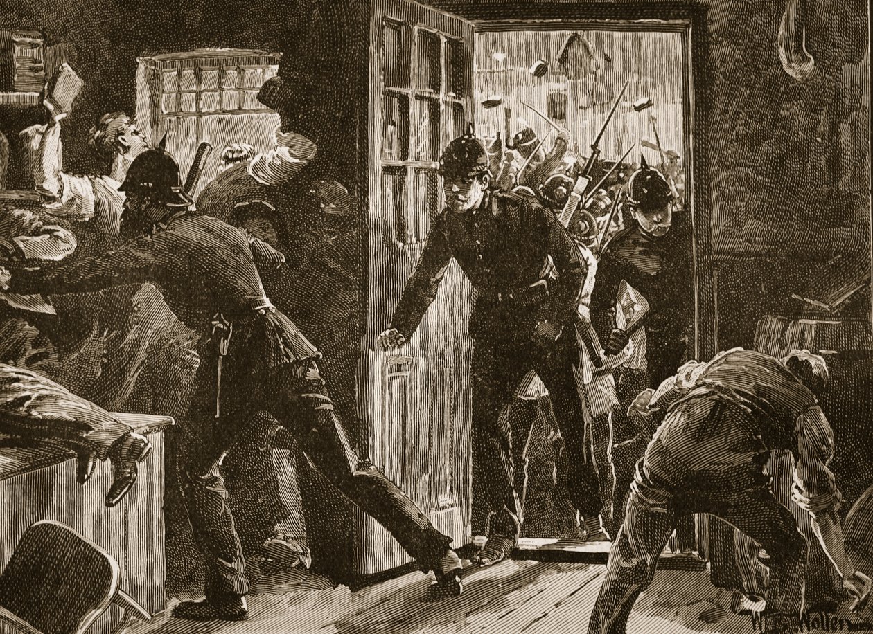قتال في اينيس بين المتسربين الوطنيين والشرطة ، 1886 ، رسم توضيحي من `` تاريخ كاسيل المصور لإنجلترا &39;&39; (صورة بني داكن) بواسطة صوف ويليام بارنز