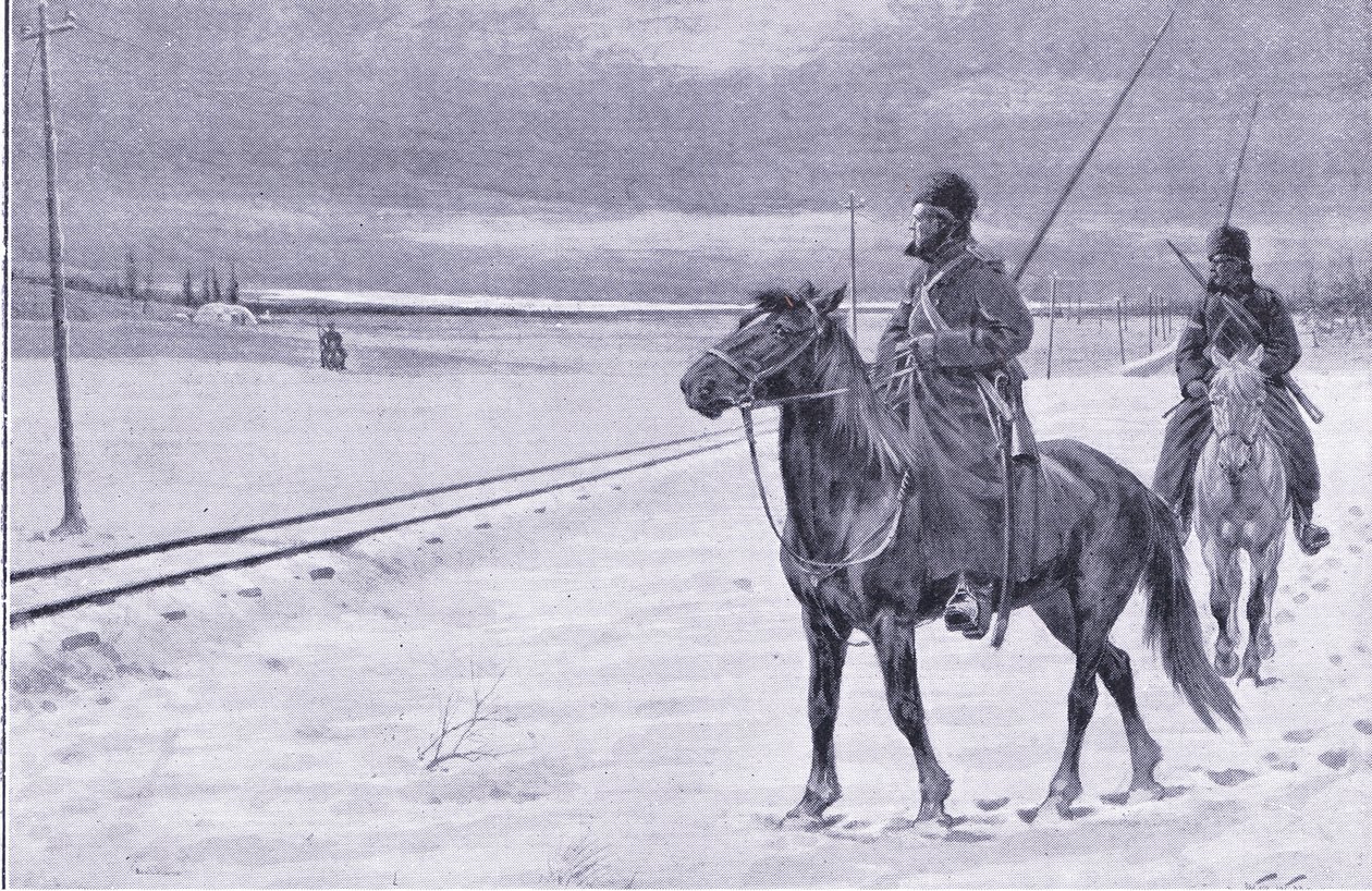 حراسة السكة الحديد بالقرب من موكدين ، رسم توضيحي من Casells History of Russo-Japanese War Vol 1 ، c.1900 بواسطة صوف ويليام بارنز