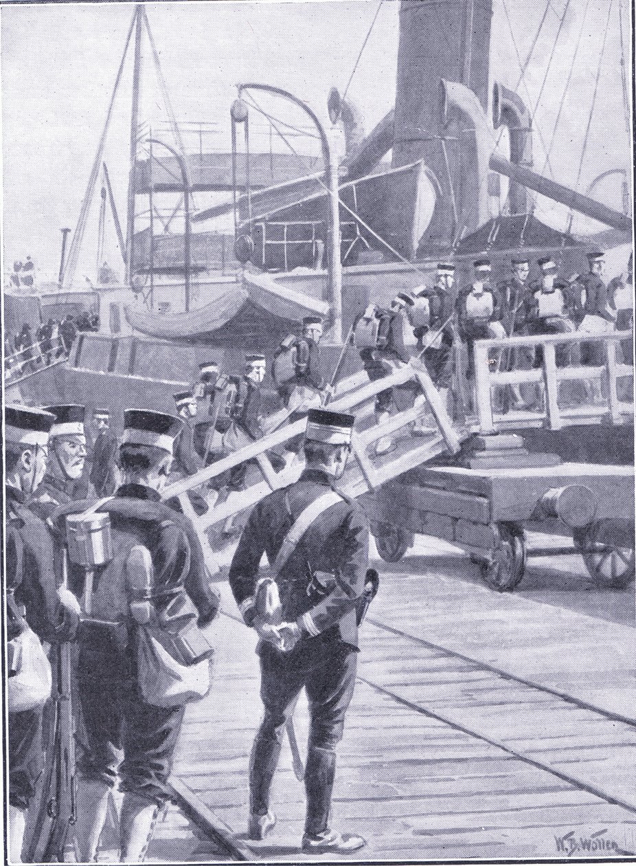 القوات اليابانية تشرع في كوبي ، التوضيح من Casells History of Russo-Japanese War Vol 1 ، c.1900 بواسطة صوف ويليام بارنز