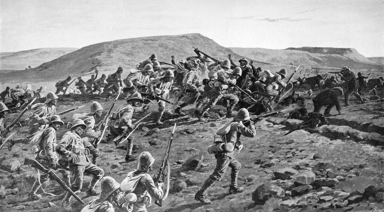 جنوب لانكشايرز اقتحام خنادق البوير في بيترز هيل ، ناتال ، 1900 1903. بواسطة صوف ويليام بارنز