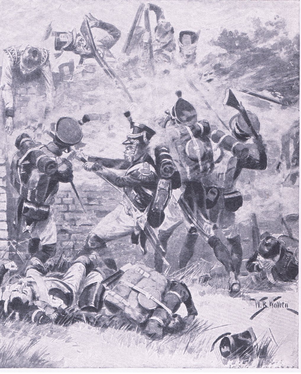 الهجوم على الحائط في Hougomont: Waterloo 1815 ، رسم توضيحي من المعارك البريطانية في البر والبحر ، 1915 بواسطة صوف ويليام بارنز