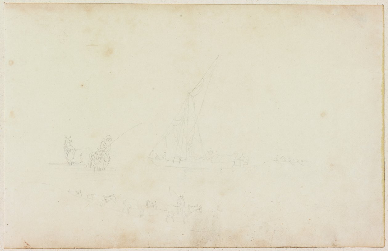 رسم تخطيطي لقارب تجديف السفينة وفارس مع خط خيول (قلم رصاص على ورق (على ورق مع M746)) بواسطة وليام بيلبي