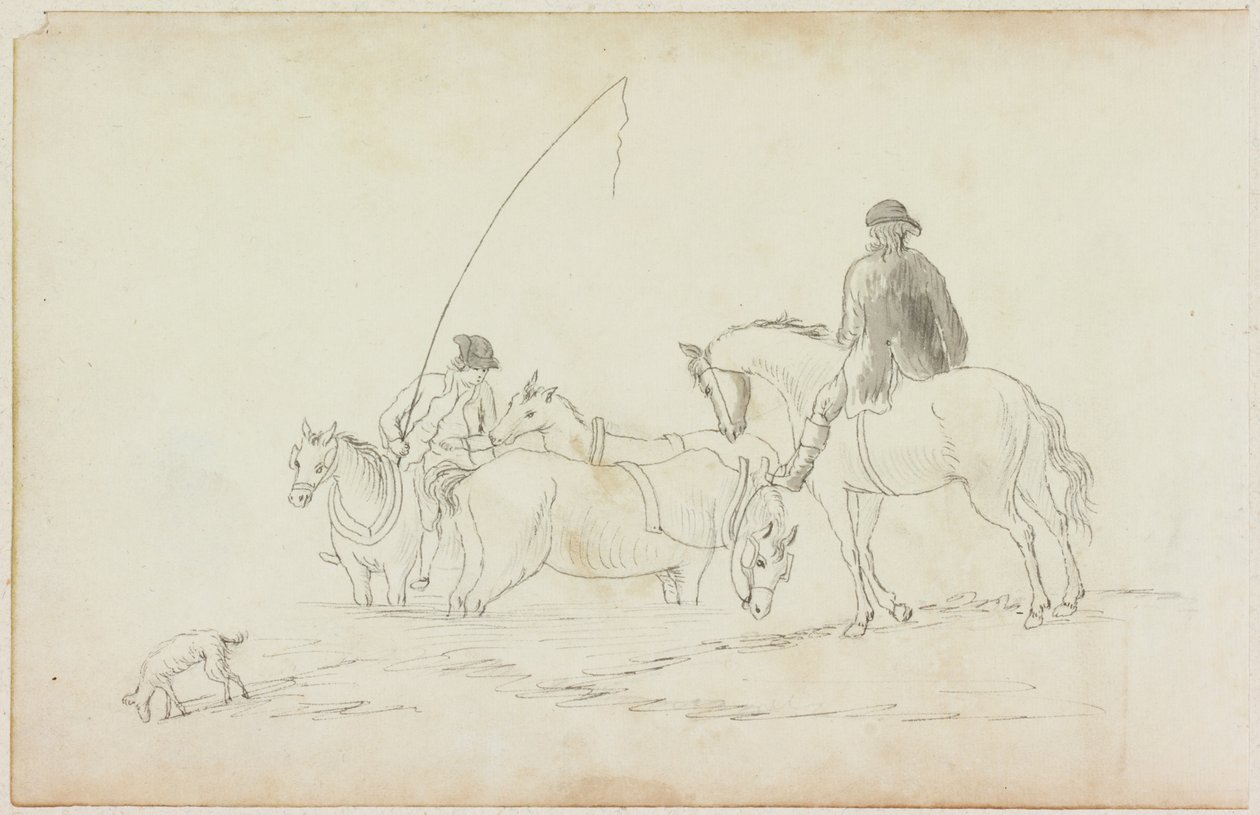اثنين من الرجال على ظهور الخيل مع اثنين من الخيول والكلب (قلم رصاص والألوان المائية (غسل) على الورق (على الورق مع M751)) بواسطة وليام بيلبي