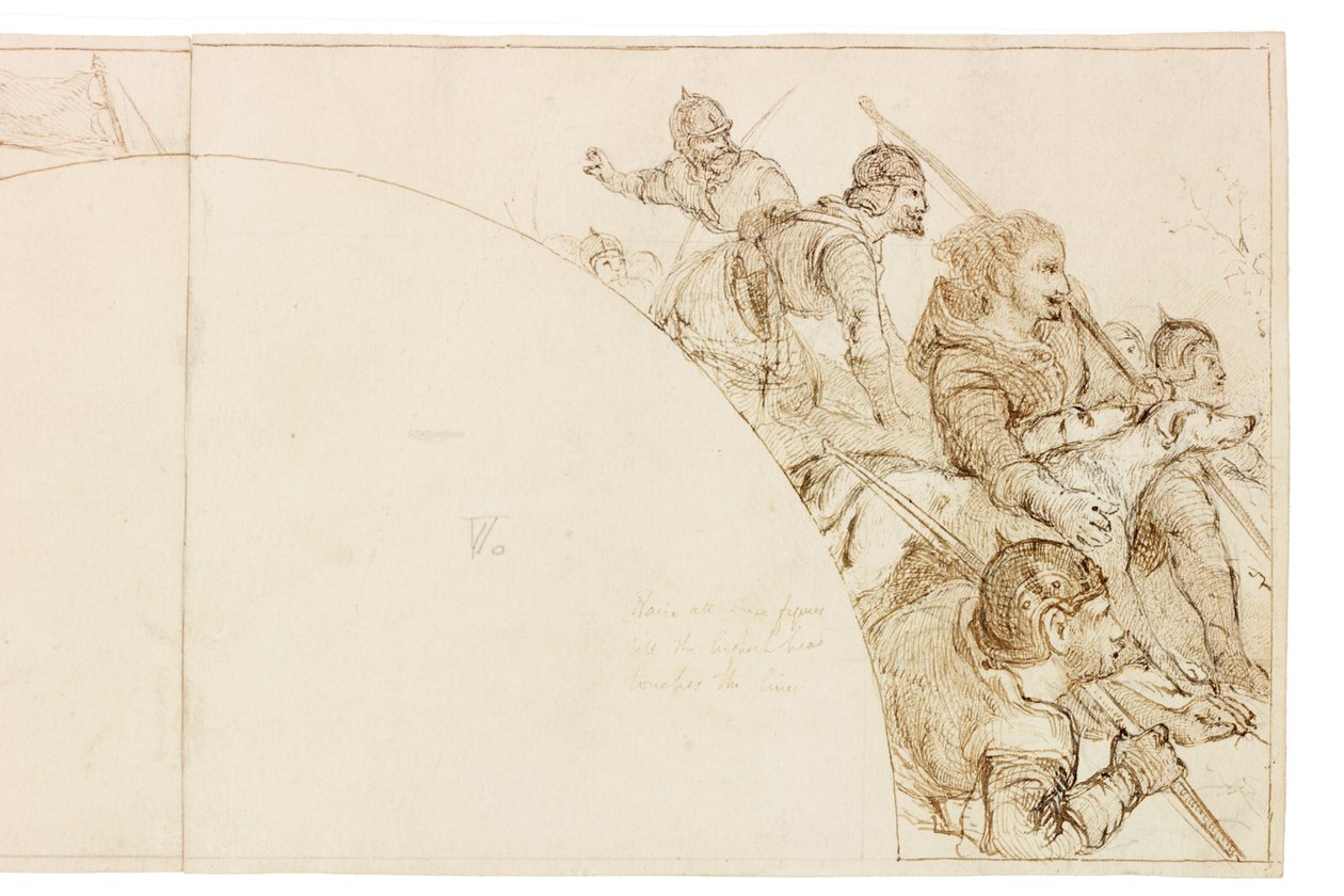 رسم للجدارية في قاعة والينغتون (حبر وقلم رصاص على ورق (ملصوق على البطاقة)) بواسطة وليام بيل سكوت