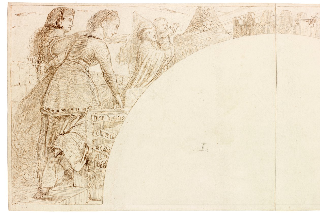 رسم للجدارية في قاعة والينغتون (حبر وقلم رصاص على ورق (ملصوق على البطاقة)) بواسطة وليام بيل سكوت