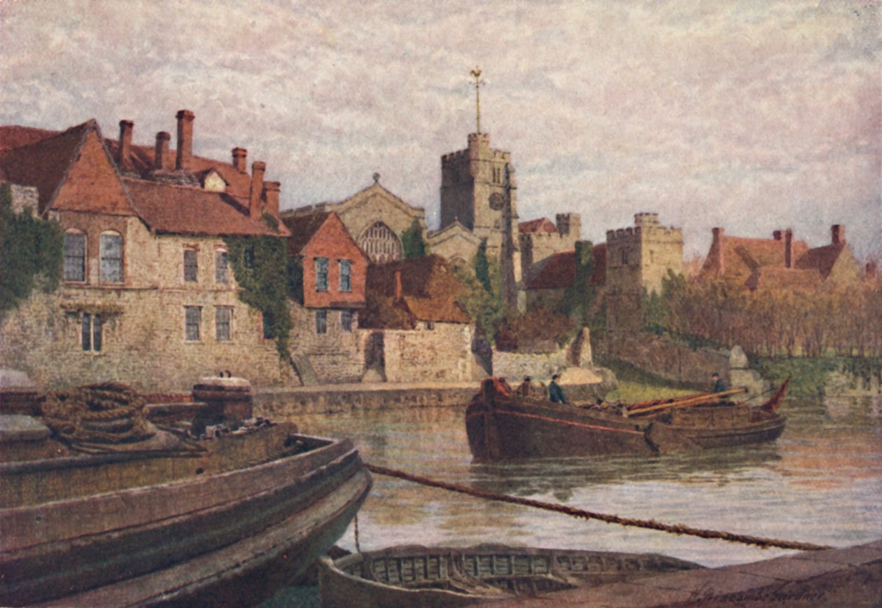 ميدستون. الجزء الخلفي من القصر القديم ، الكنيسة والكلية القديمة من عبر Medway ، c1900 بواسطة وليام بيسكومب جاردنر
