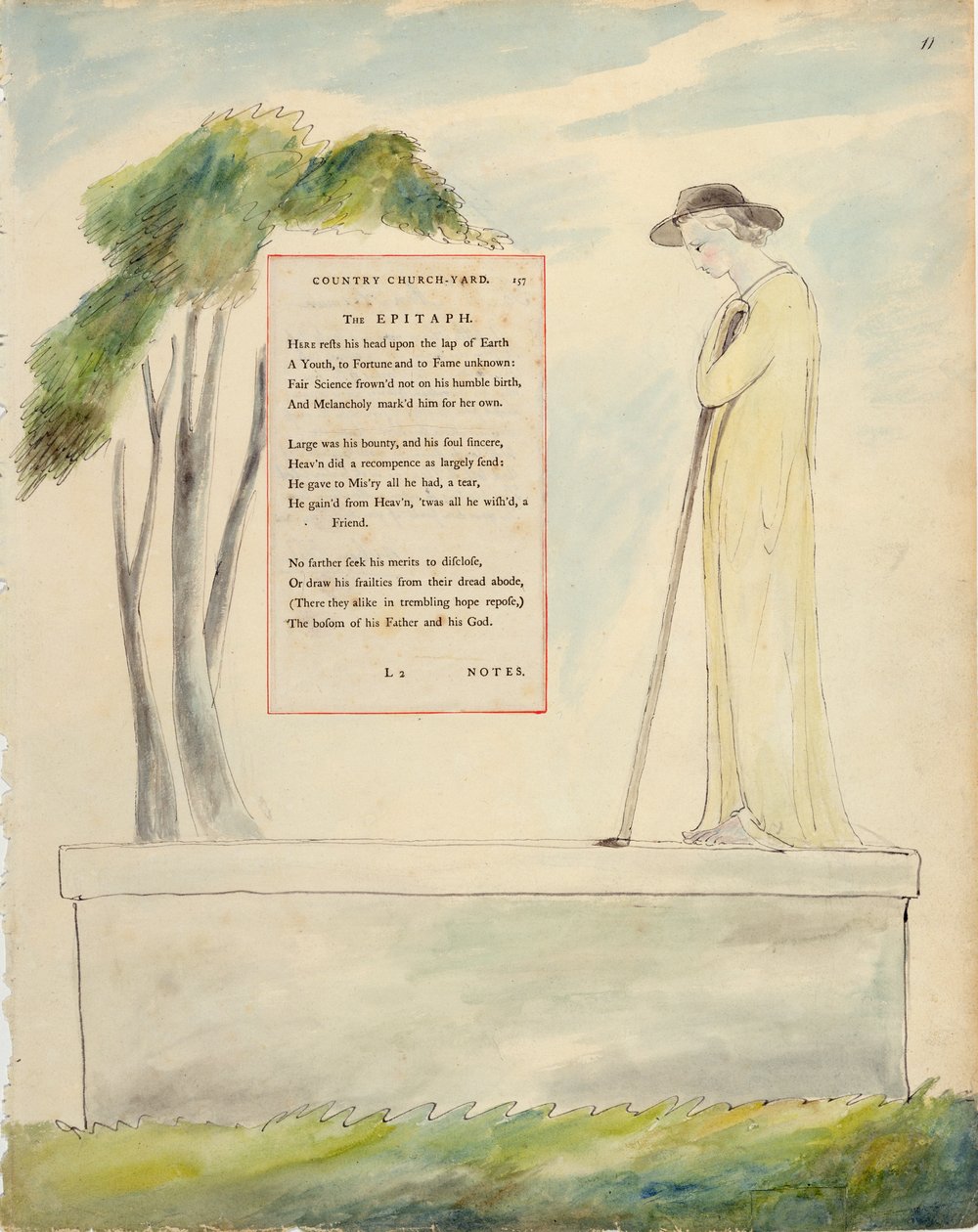 راعي يقرأ المرثية ، من رثاء مكتوب في ساحة الكنيسة ، من قصائد توماس جراي ، نُشر في 1797-98 (ألوان مائية وحبر أسود على ورق) بواسطة وليام بليك