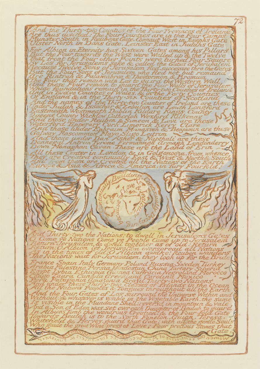 "والمقاطعات الاثنتان والثلاثون ..." ، اللوحة 72 من "القدس" (نسخة بنتلي إي) 1804-20 (نقش بارز بالقلم الجاف والألوان المائية على الورق) بواسطة وليام بليك