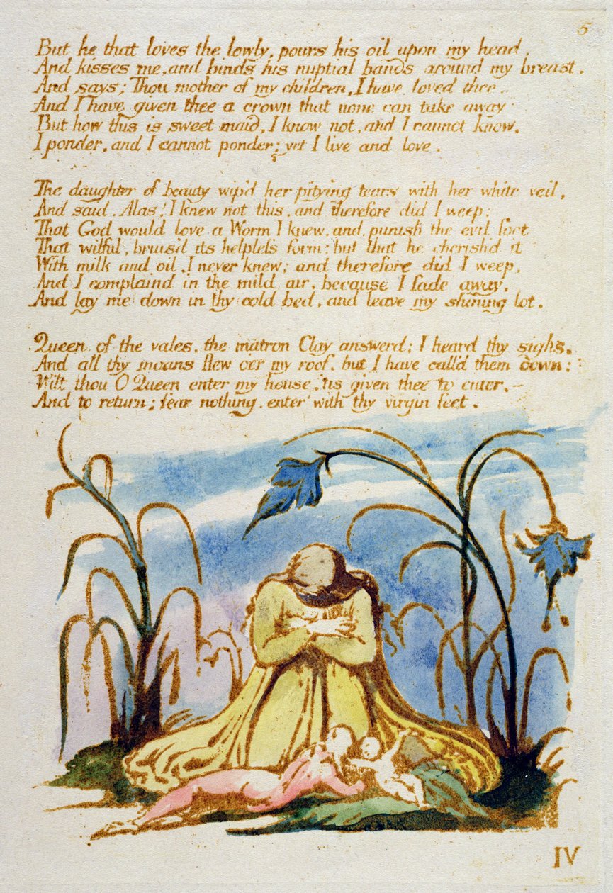 "لكنه الذي يحب المتواضعين ..." ، اللوحة 7 من "كتاب ثيل" ، 1789 (نقش بارز باليد بالقلم ومرحاض على الورق) بواسطة وليام بليك
