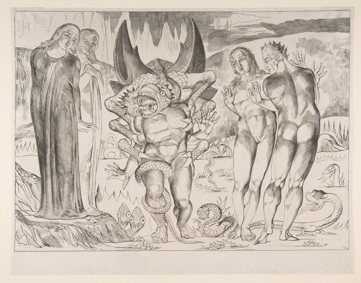 دائرة من Theives: Agnello Brunelleschi هاجمها ثعبان سداسي الأرجل ، من دان ... ، كاليفورنيا. 1825-27. بواسطة وليام بليك