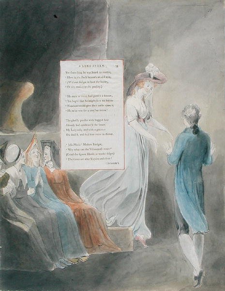 تصميم 33 لـ "قصة طويلة" في "قصائد توماس جراي" ، نُشر في 1797-98 (ألوان مائية مع قلم وحبر على ورق) بواسطة وليام بليك