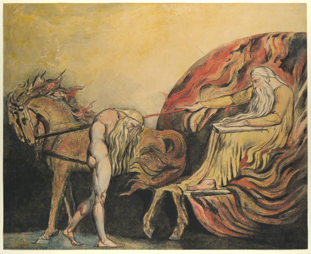 God Judging Judging Adam، c.1795 (النقش الملون بالقلم والحبر والألوان المائية) بواسطة وليام بليك