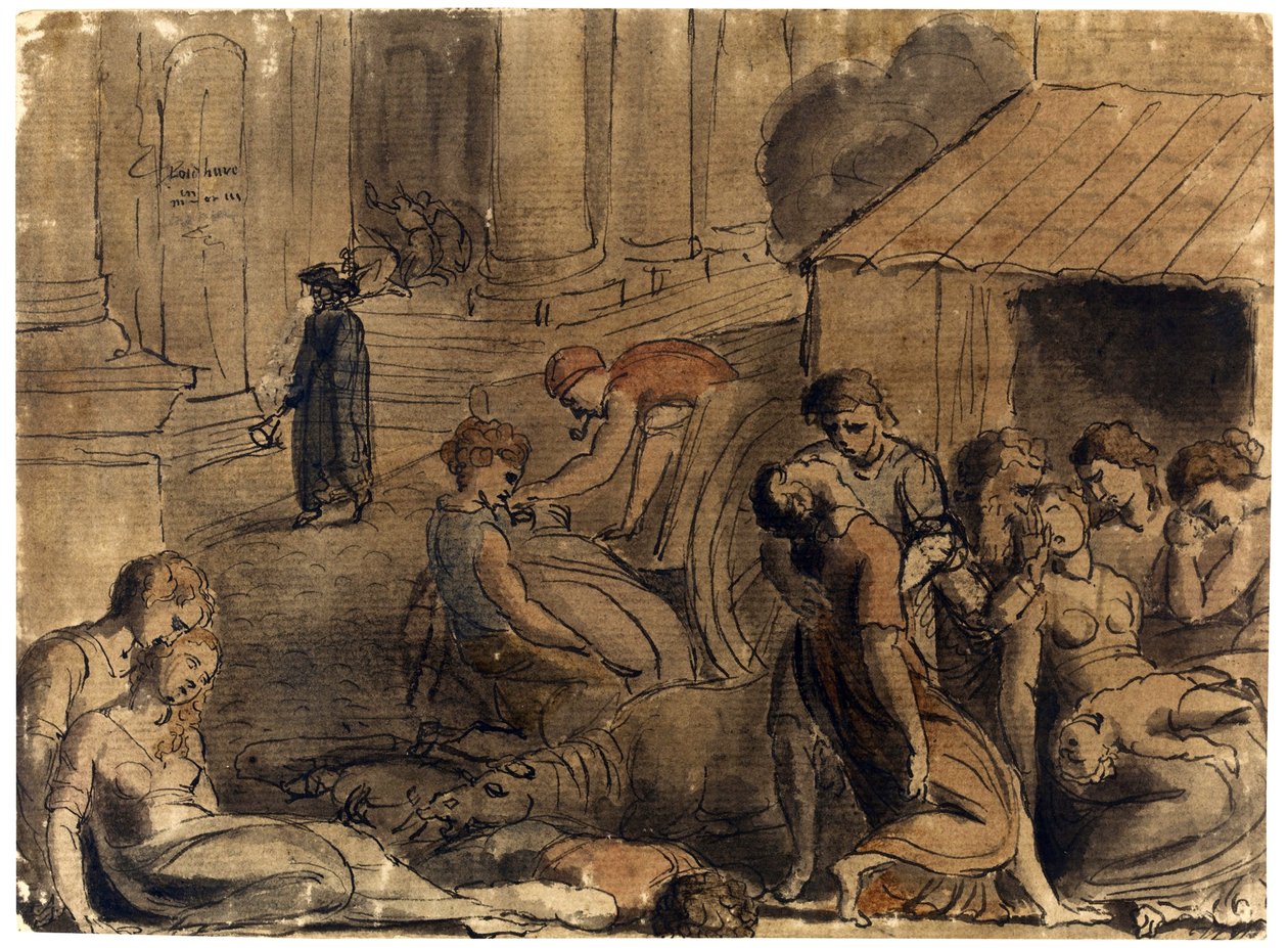 طاعون لندن العظيم قدمه ويليام بليك (1757-1827) ، ج. 1779 - ألوان مائية ، لون أبيض ، طباشير أسود على ورق بواسطة وليام بليك