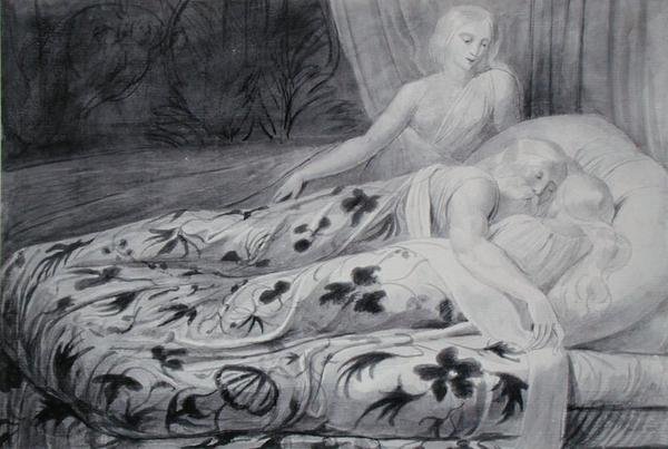 هار وهيفا نائمان مع منثا يحرسانهما ، رسم توضيحي من "تيريل" ، حوالي عام 1788 (قلم ورمادي يغسلان على آثار طباشير أسود على ورق) بواسطة وليام بليك