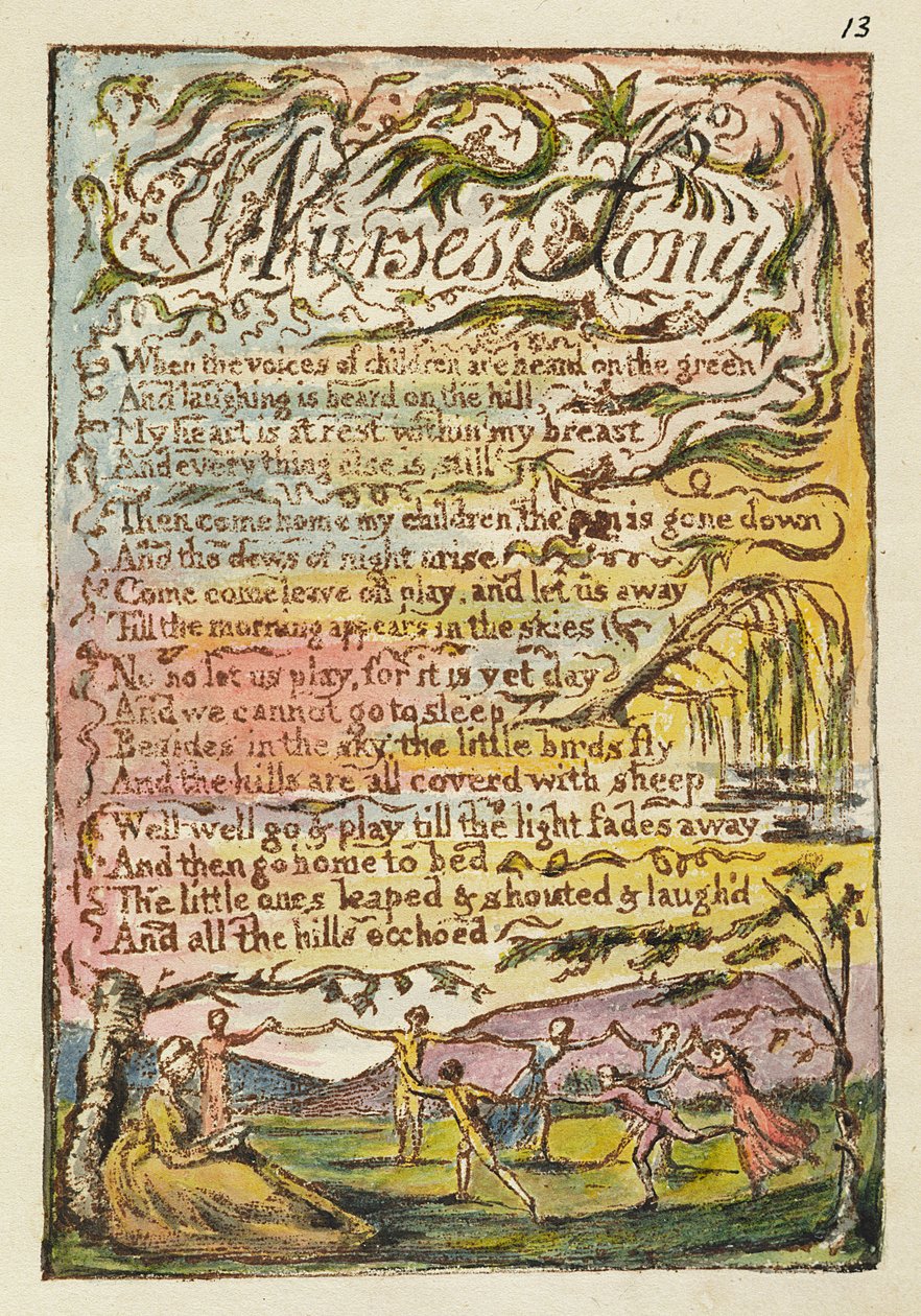 أغنية الممرضة ، توضيح من "أغاني البراءة والخبرة" ، (Bentley Copy L) pl.13 (Bentley 24) 1789-94 (النقش البارز بالقلم والمرحاض على الورق) بواسطة وليام بليك