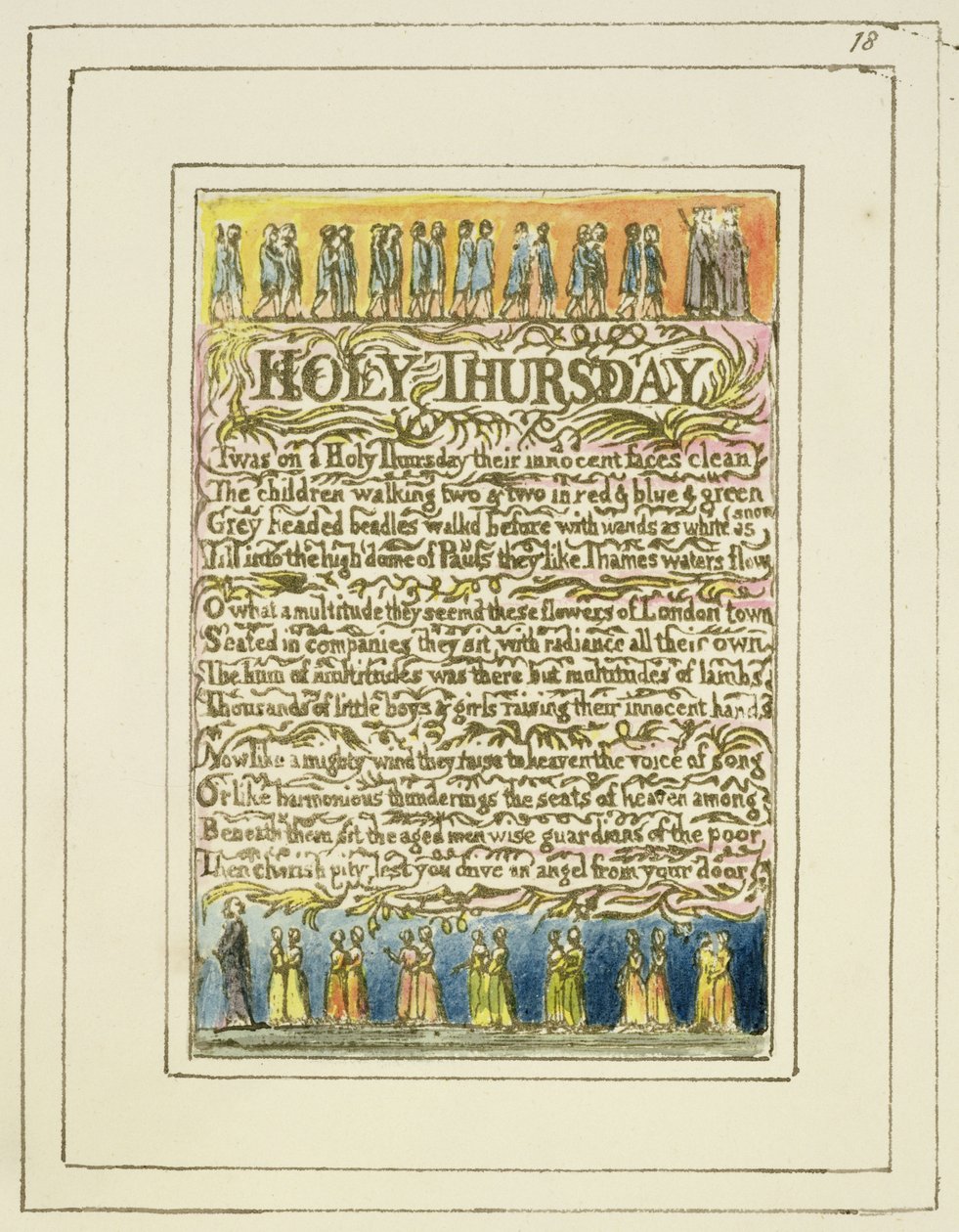 P.124-1950.pt18 الخميس المقدس: اللوحة 18 من أغاني البراءة والخبرة (نسخة R) c.1802-08 (النقش والحبر والمرحاض) بواسطة وليام بليك