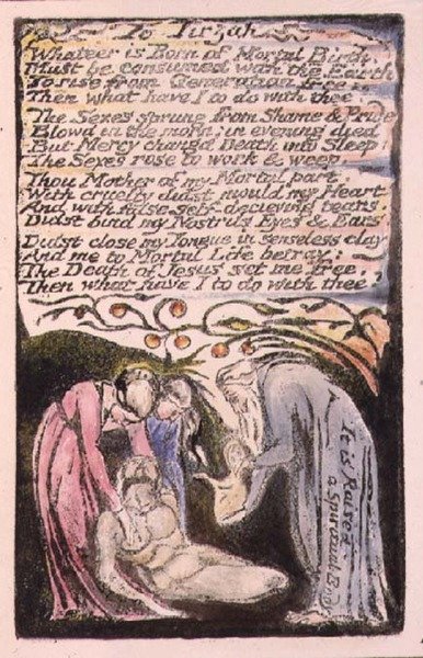 P124-1950.pt51 إلى ترصة: اللوحة 51 من "أغاني البراءة والخبرة" (نسخة R) حوالي 1802-08 (حفر وحبر وألوان مائية) بواسطة وليام بليك