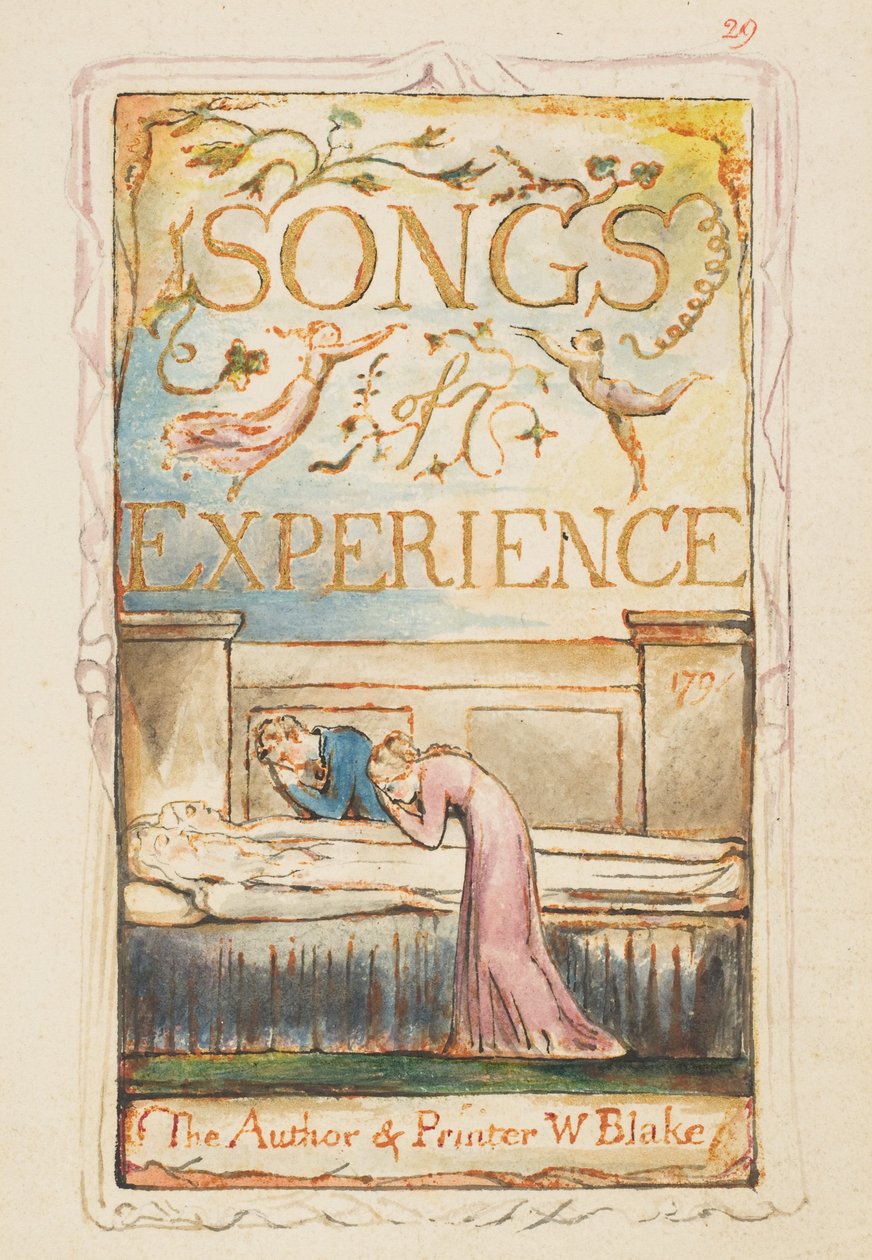 أغاني التجربة: صفحة العنوان ، c.1825 (نقش حبر بني ملون باليد بالألوان المائية) بواسطة وليام بليك