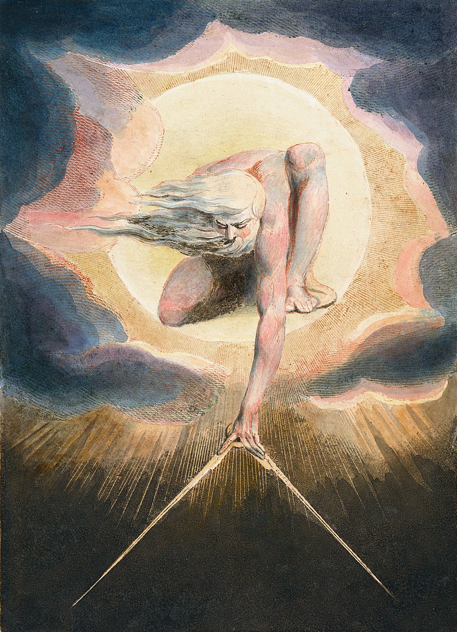 The Ancient of Days - Urizen يقيس العالم المادي - Urizen يقيس العالم المادي. رسم توضيحي لواجهة الكتاب "" أوروبا. إلى النبوة. " رسم ويليام بليك (1757-1827) بواسطة وليام بليك