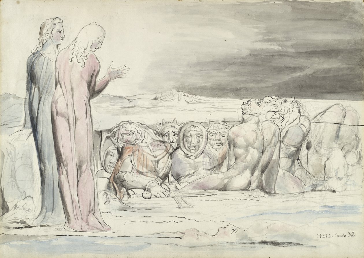 دائرة الخونة: ألبيرتي براذرز ، توضيح للكوميديا الإلهية بقلم دانتي أليغييري ، 1824-27 (قلم وحبر مع مرحاض فوق قلم رصاص وطباشير على ورق) بواسطة وليام بليك