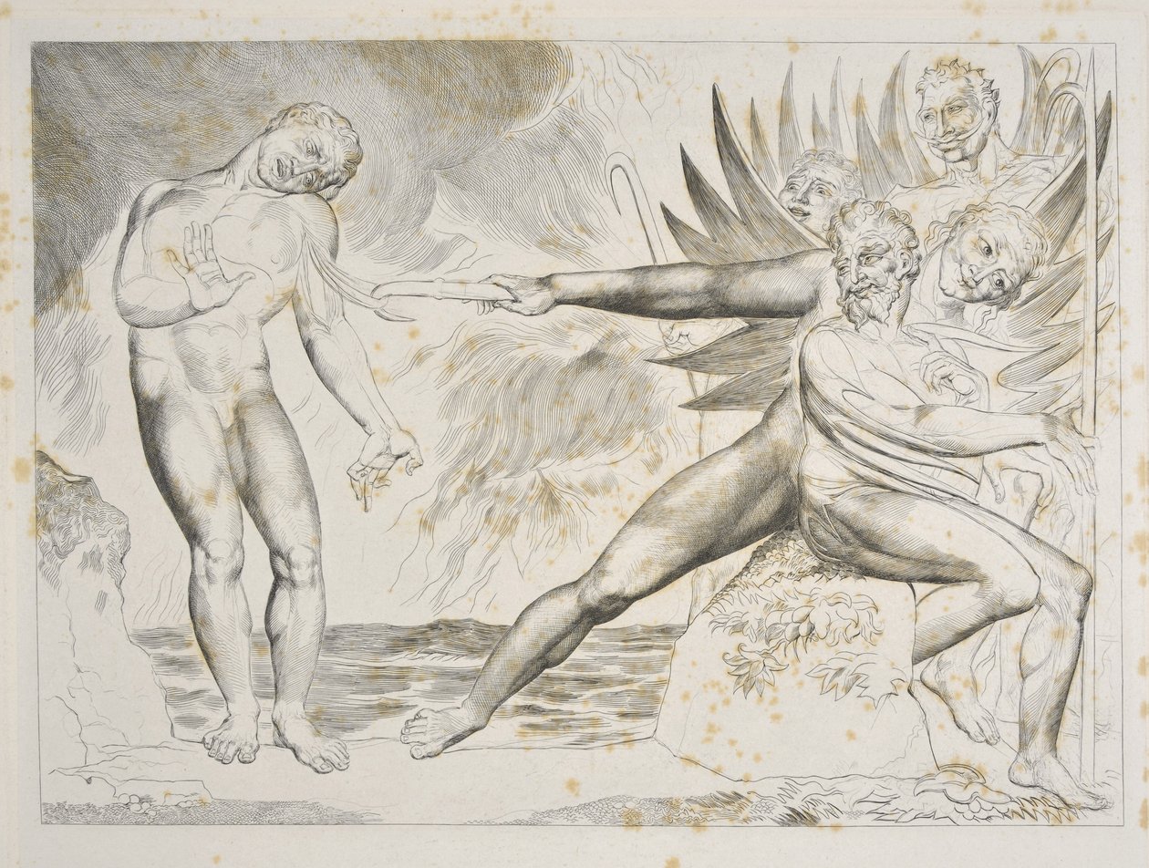 دائرة المسؤولين الفاسدين: الشياطين يعذبون Ciampolo Inferno ، Canto XXII ، رسم توضيحي لـ "الكوميديا الإلهية" لدانتي أليغيري ، حوالي 1827-1838 (نقش) بواسطة وليام بليك