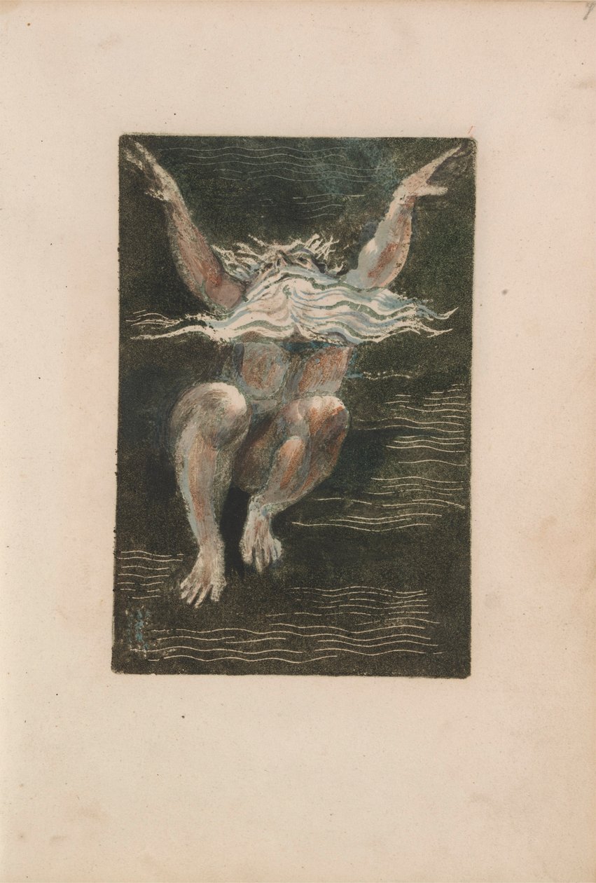 الكتاب الأول من Urizen ، pl.7 (رجل عاري ذو لحية بيضاء عائمة يبدو أنه يرتفع في المياه العميقة) 1794 (نقش بارز مطبوع مع مرحاض) بواسطة وليام بليك