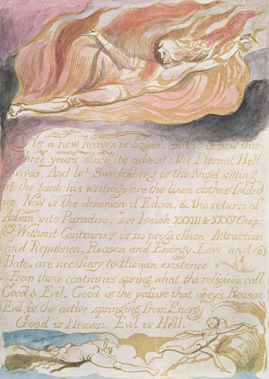 زواج السماء والجحيم ؛ مع بدء سماء جديدة ، ج .1790 (نقش بارز ملون مع مرحاض) بواسطة وليام بليك