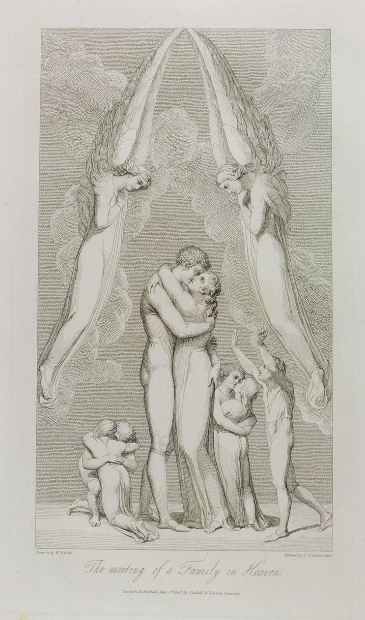 لقاء عائلة في الجنة ، pl.4 ، رسم توضيحي من "القبر ، قصيدة" بقلم ويليام بليك (1757-1827) نقشها لويجي شيافونيتي (1765-1810) ، 1808 بواسطة وليام بليك