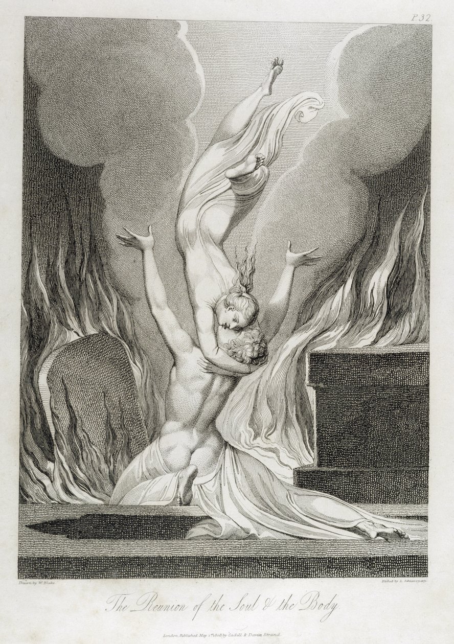 إعادة توحيد الروح والجسد ، pl.13 ، رسم توضيحي من "القبر ، قصيدة" بقلم ويليام بليك (1757-1827) ، محفورة لويجي شيافونيتي (1765-1810) ، 1808 بواسطة وليام بليك