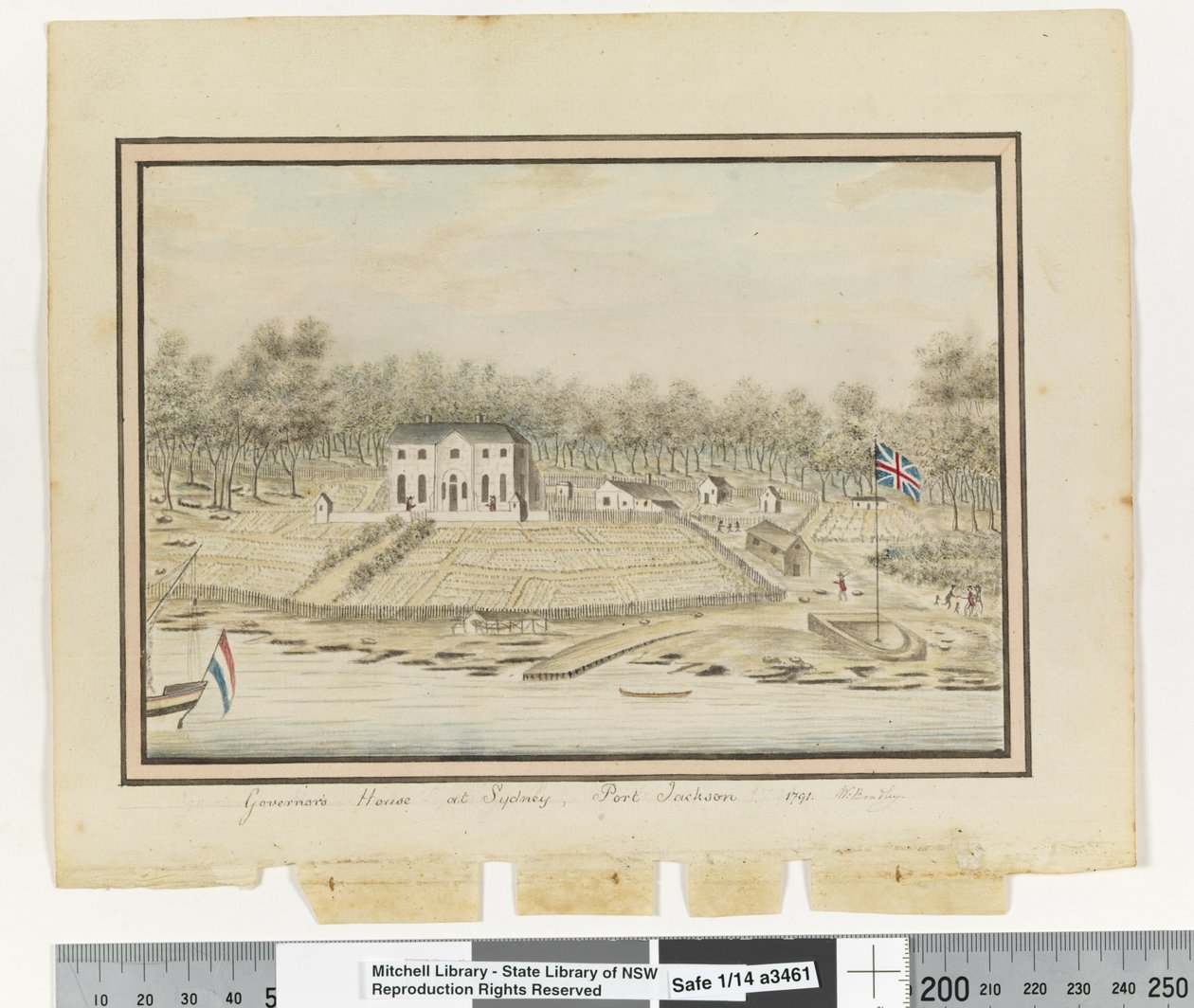 مقابل. ص. 225. "منزل الحاكم في سيدني ، بورت جاكسون 1791" ، 1802 (ألوان مائية) بواسطة وليام برادلي