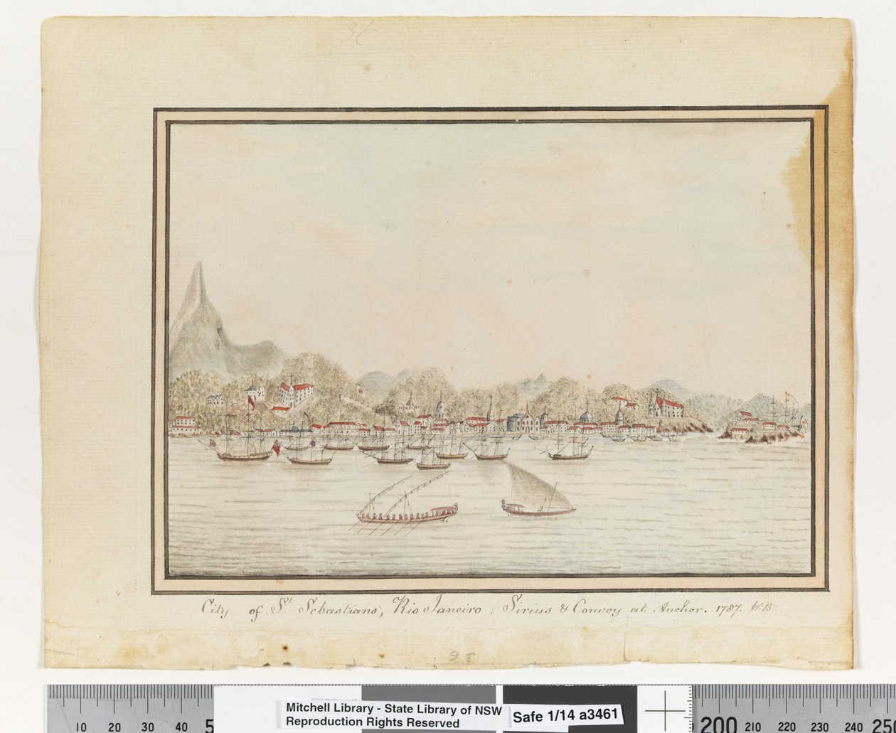 مقابل. ص. 37. `` مدينة سانت سيباستيانز ، ريو جانيرو: سيريوس وقافلة في المرساة. 1787 