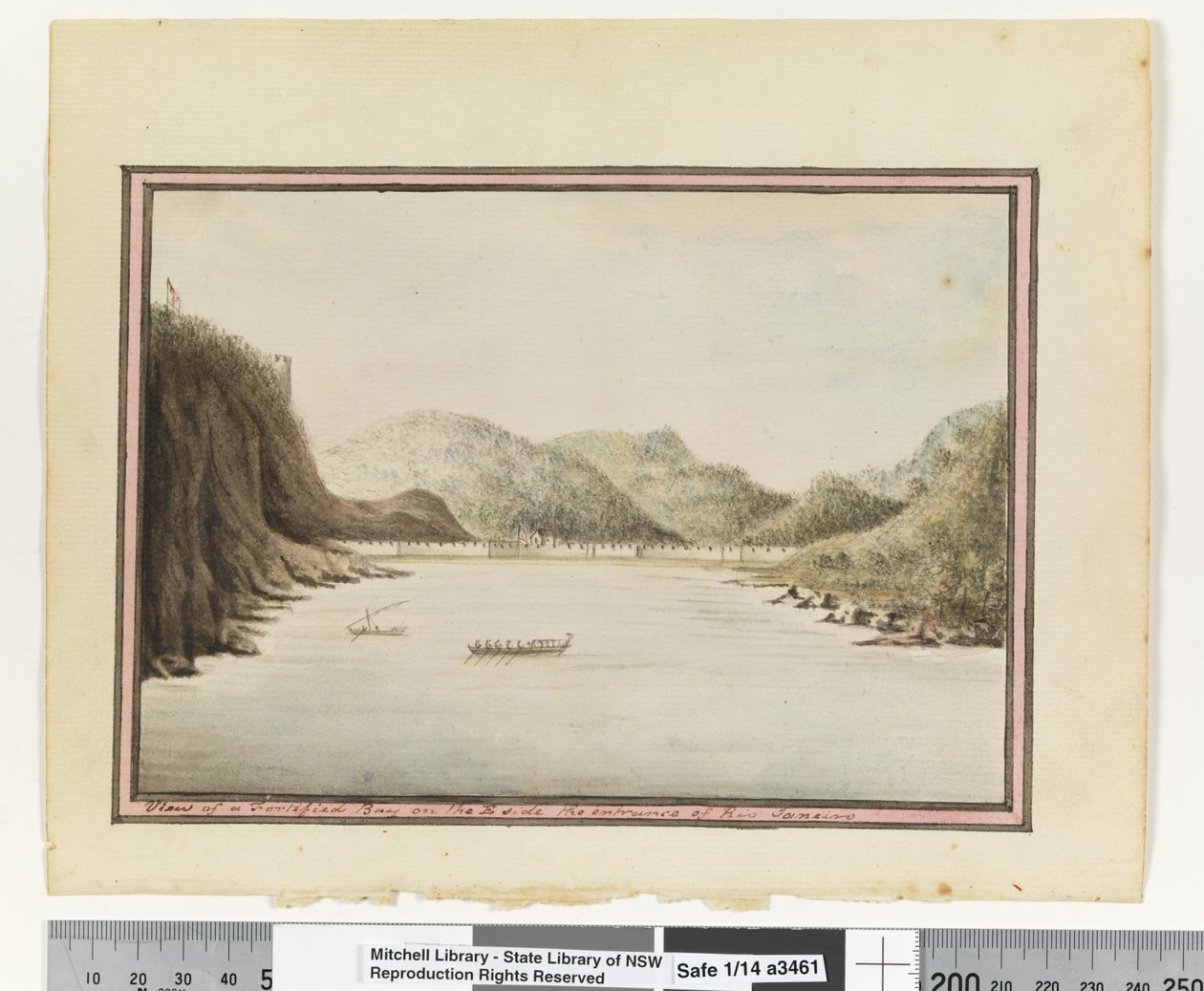 مقابل. ص. 39. "منظر لخليج محصن على الجانب E مدخل ريو جانيرو" ، حوالي 1802 (ألوان مائية) بواسطة وليام برادلي